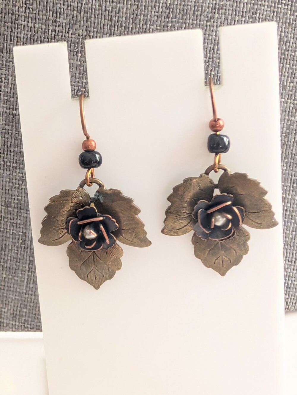 Vintage Bohemian Style Beaded Bronze Floral Leaf Faux Pearl Hook Earrings